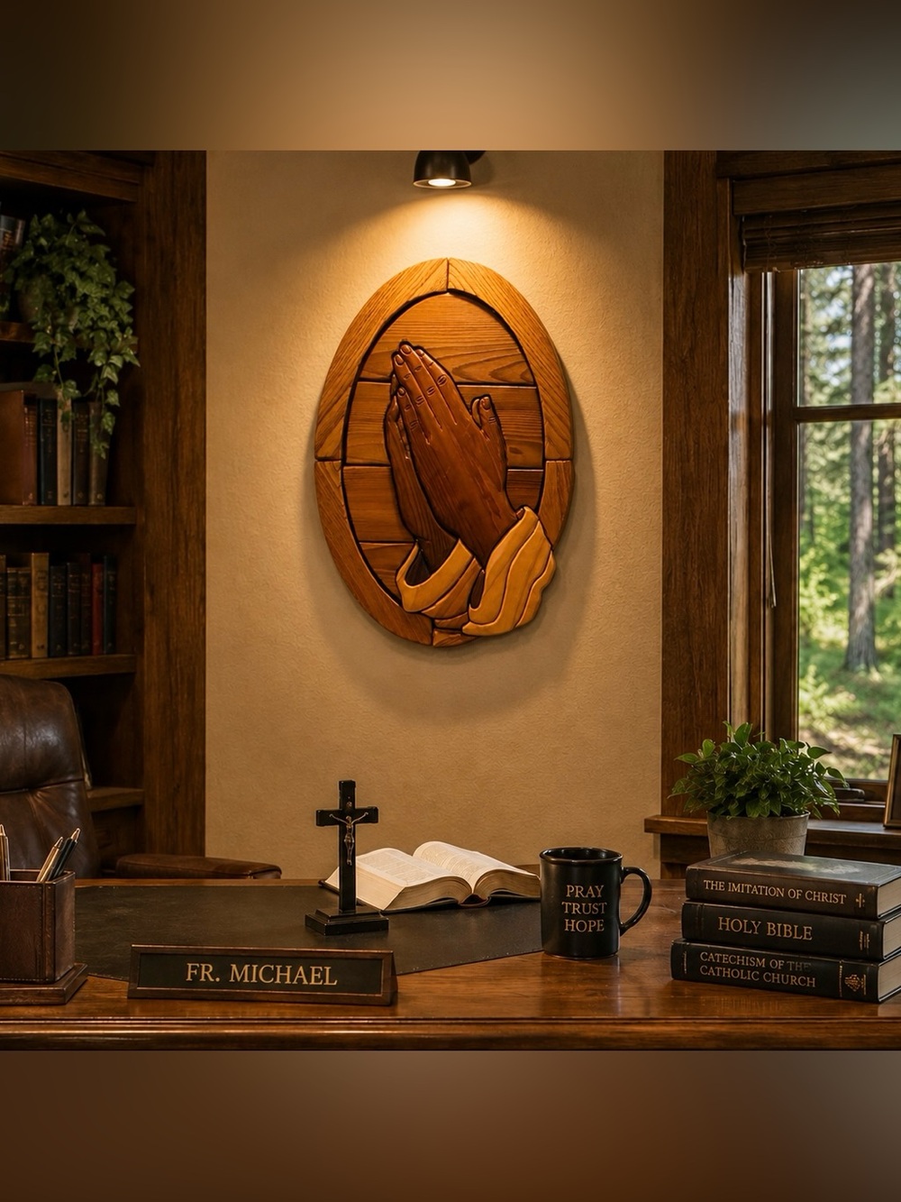 Praying Hands JESUS CHRIST Original Vintage Fine Art SOLID WOOD SCULPTURE Plaque